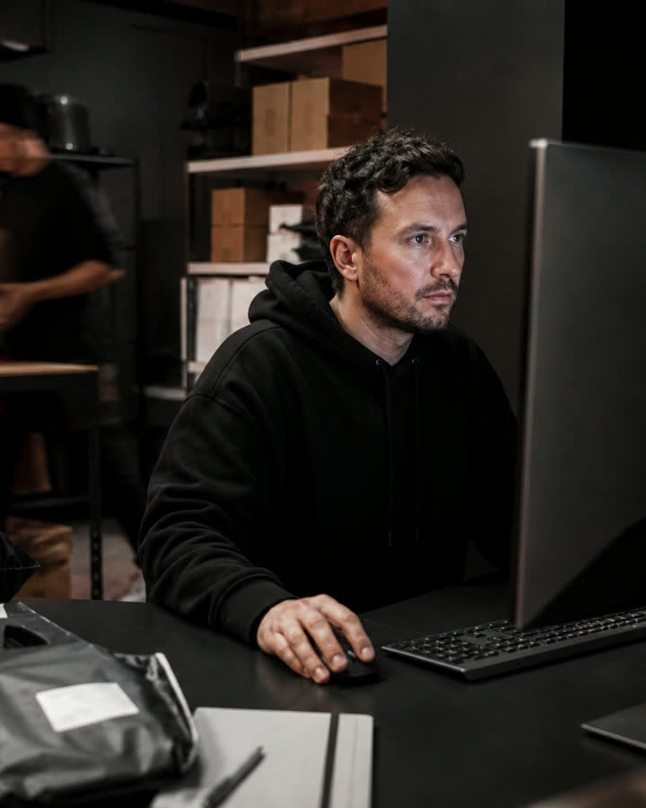 A DTC founder reviewing Meta ad performance in a studio